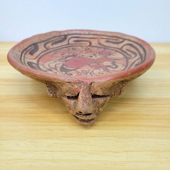 Mesoamerican-Style Terracotta Tripod Bowl – Face Motif – 8" - Picture 1 of 12